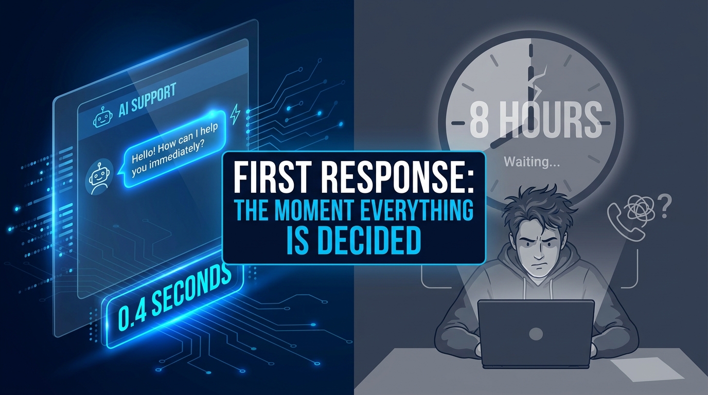 AI first response in customer support — split screen showing instant AI response versus long human wait time