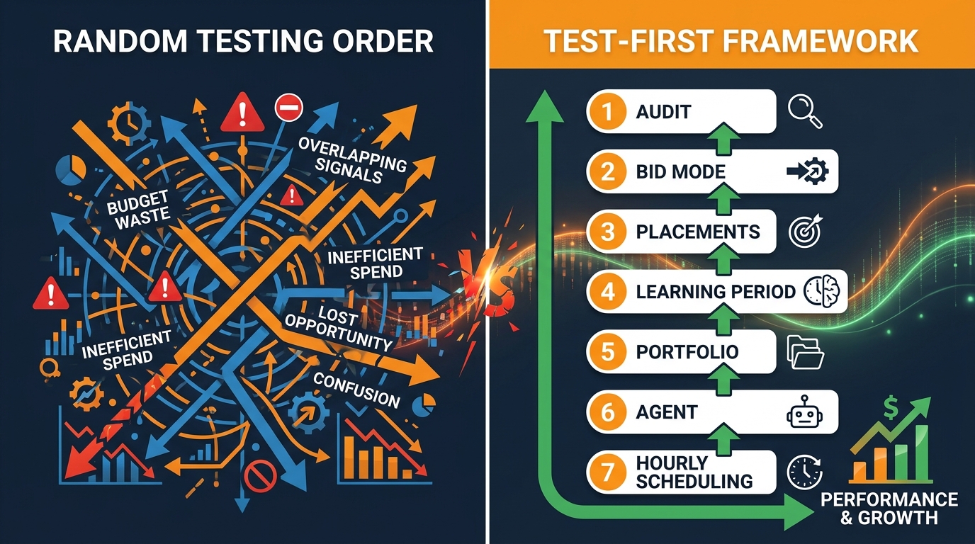Amazon Ads AI bidding test-first framework: chaotic random testing vs structured sequenced flowchart