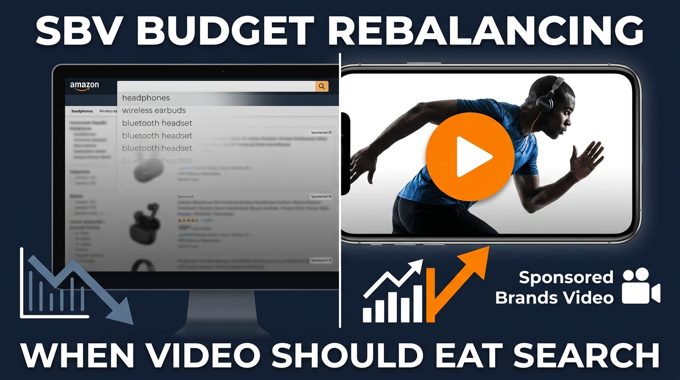 SBV Budget Rebalancing: When Video Should Eat Search — split screen showing fading search ads and a bright product video playing on an Amazon search page