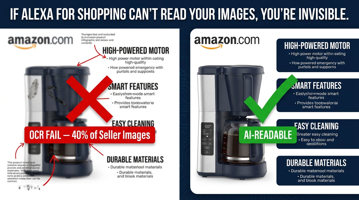 Split-screen comparison showing illegible Amazon product infographic versus AI-readable redesign with bold high-contrast text — IF ALEXA FOR SHOPPING CAN