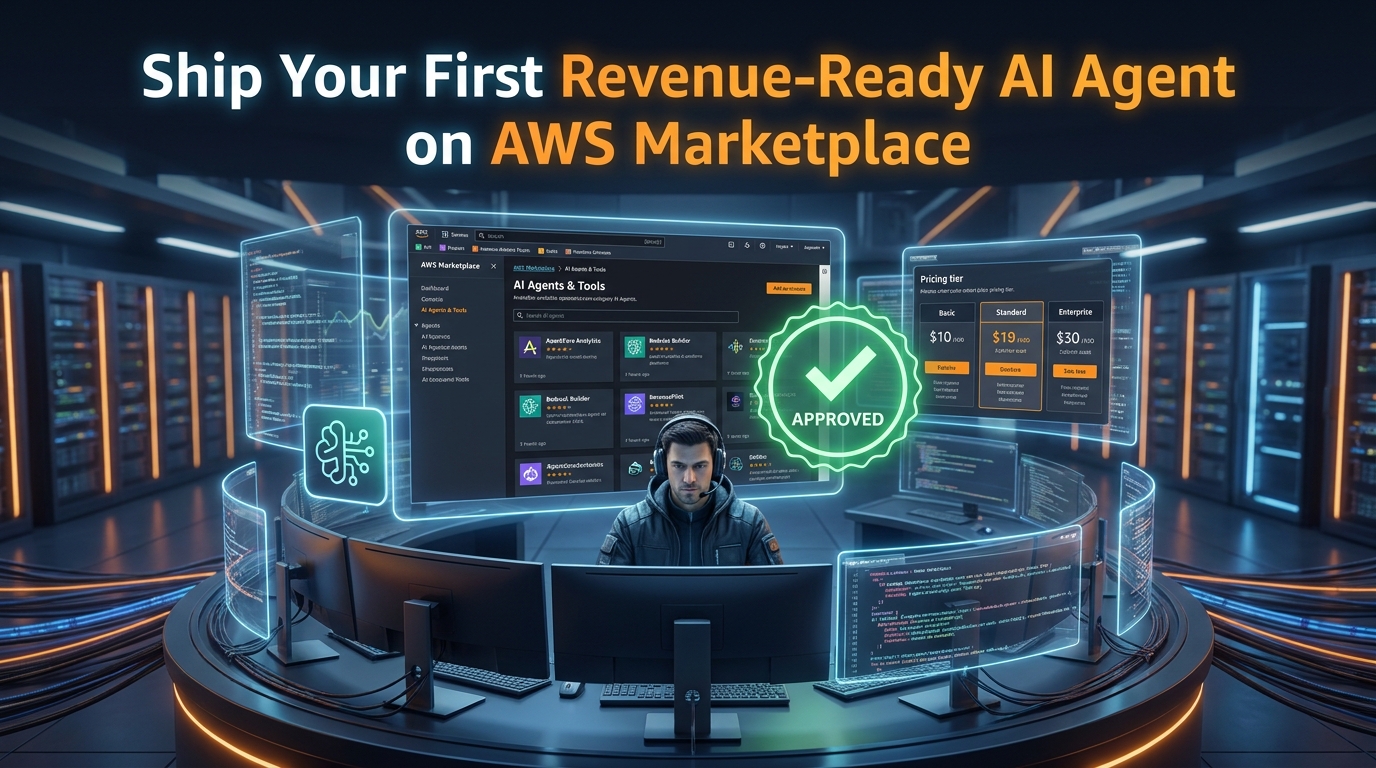 Developer at a command center with AWS Marketplace AI Agents console dashboards and an approved listing badge