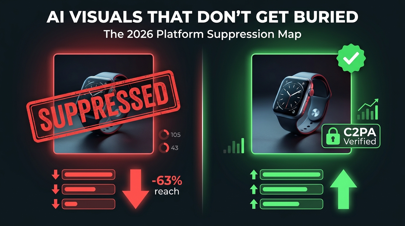 Split-screen showing suppressed AI image on left with red stamp and lost reach versus verified AI image on right with green checkmark and full distribution — AI Visuals That Don
