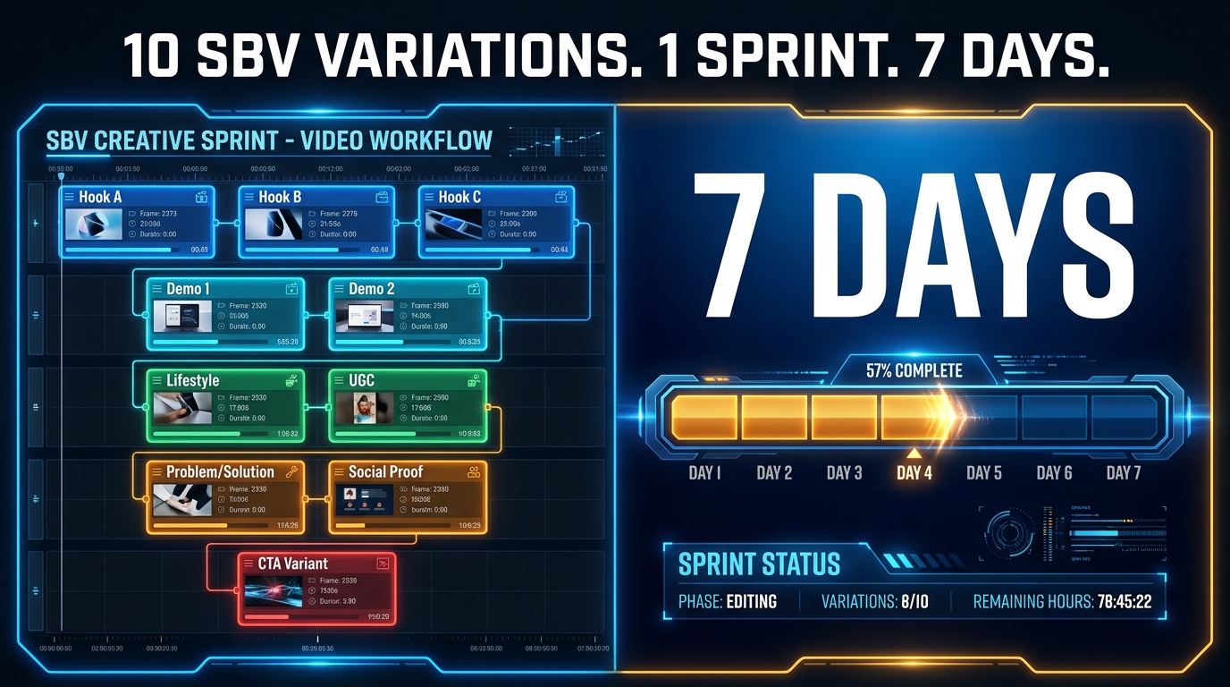 High-velocity SBV creative sprint — 10 video variations in 7 days sprint board with countdown timer