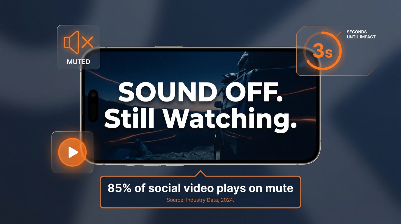 Smartphone showing a muted video ad with bold text overlay