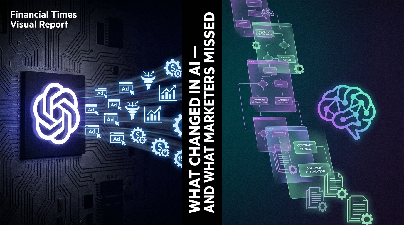 OpenAI and Anthropic split-screen editorial showing marketing data streams and workflow automation symbols — What Changed in AI and What Marketers Missed