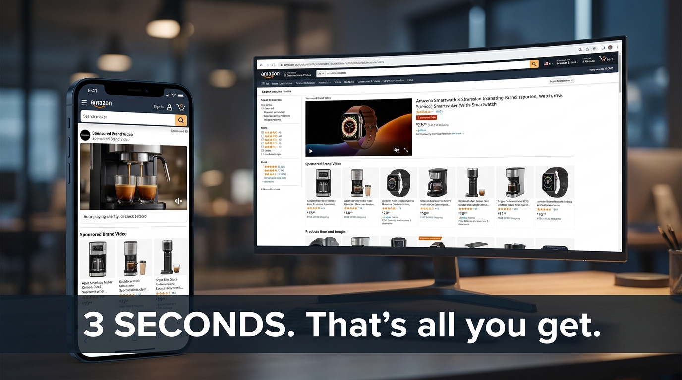 Amazon Sponsored Brand Video ad playing silently on a search results page with bold text overlay: 3 Seconds. That