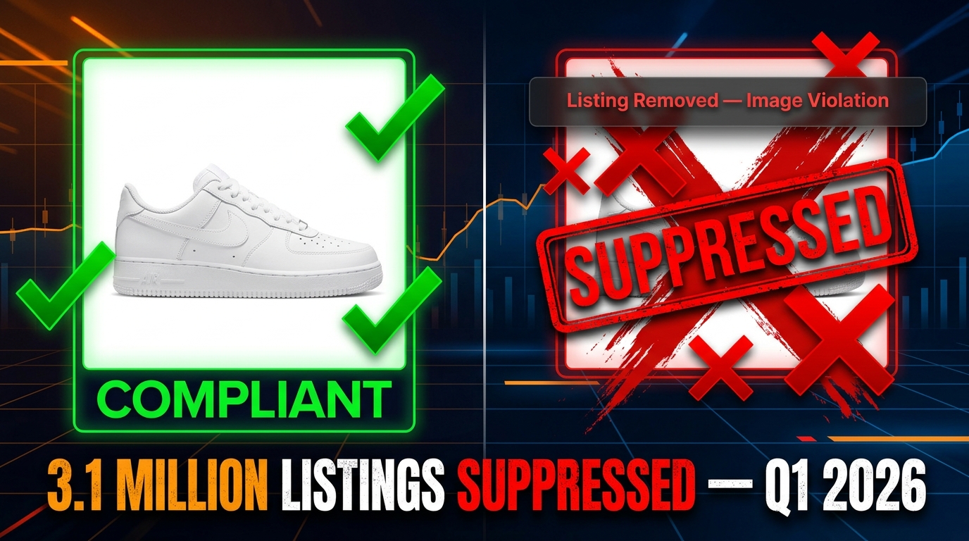 Amazon image compliance enforcement 2026 — compliant vs suppressed listing split comparison with 3.1 million listings suppressed stat