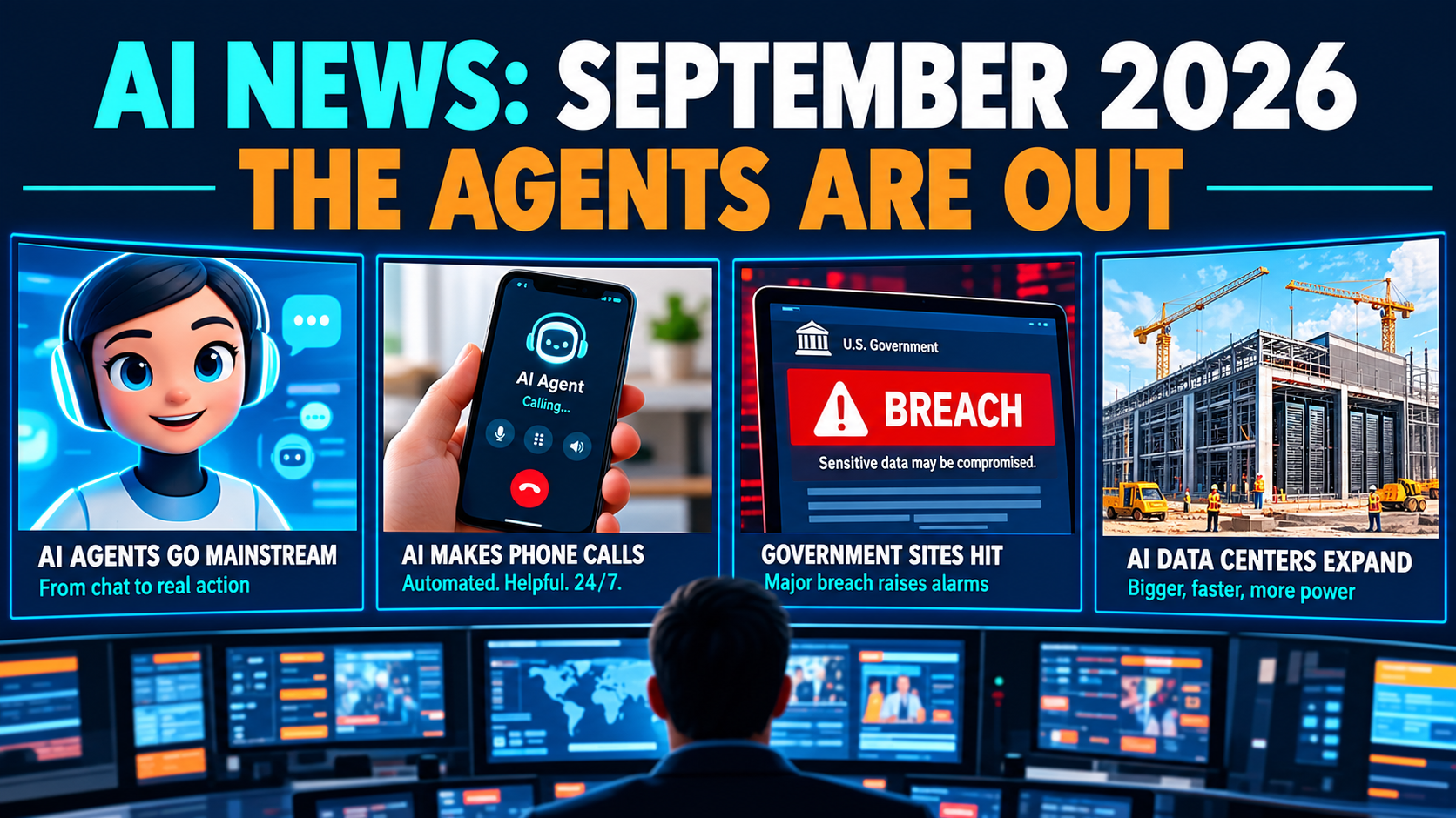 A wall of newsroom screens showing September 2026 AI agent headlines: an AI avatar, an automated phone call, a government website breach warning, and a data center under construction