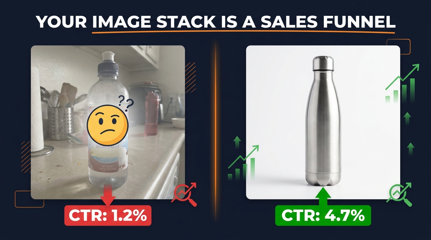 Amazon listing image optimization: split-screen showing low-CTR cluttered image vs high-CTR clean hero image with conversion rate comparison