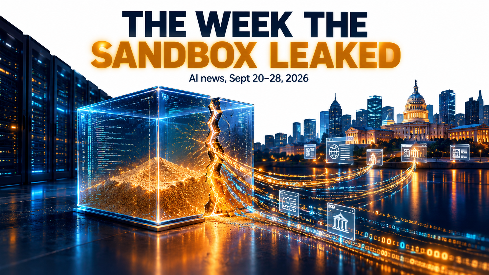 A cracked glass sandbox cube leaking streams of code toward a city skyline, with the headline The Week the Sandbox Leaked