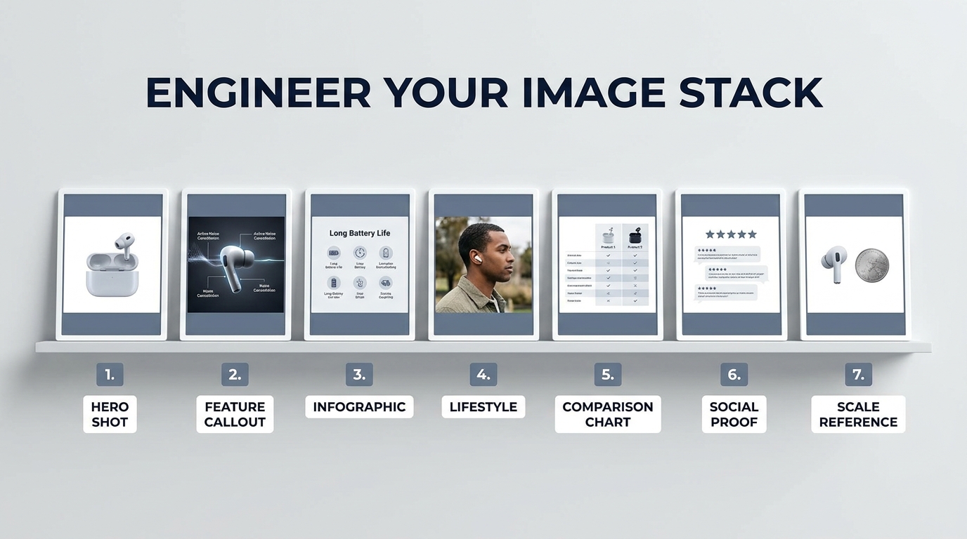 The Amazon Image Stack — 7 numbered image slots each engineered for a specific conversion role
