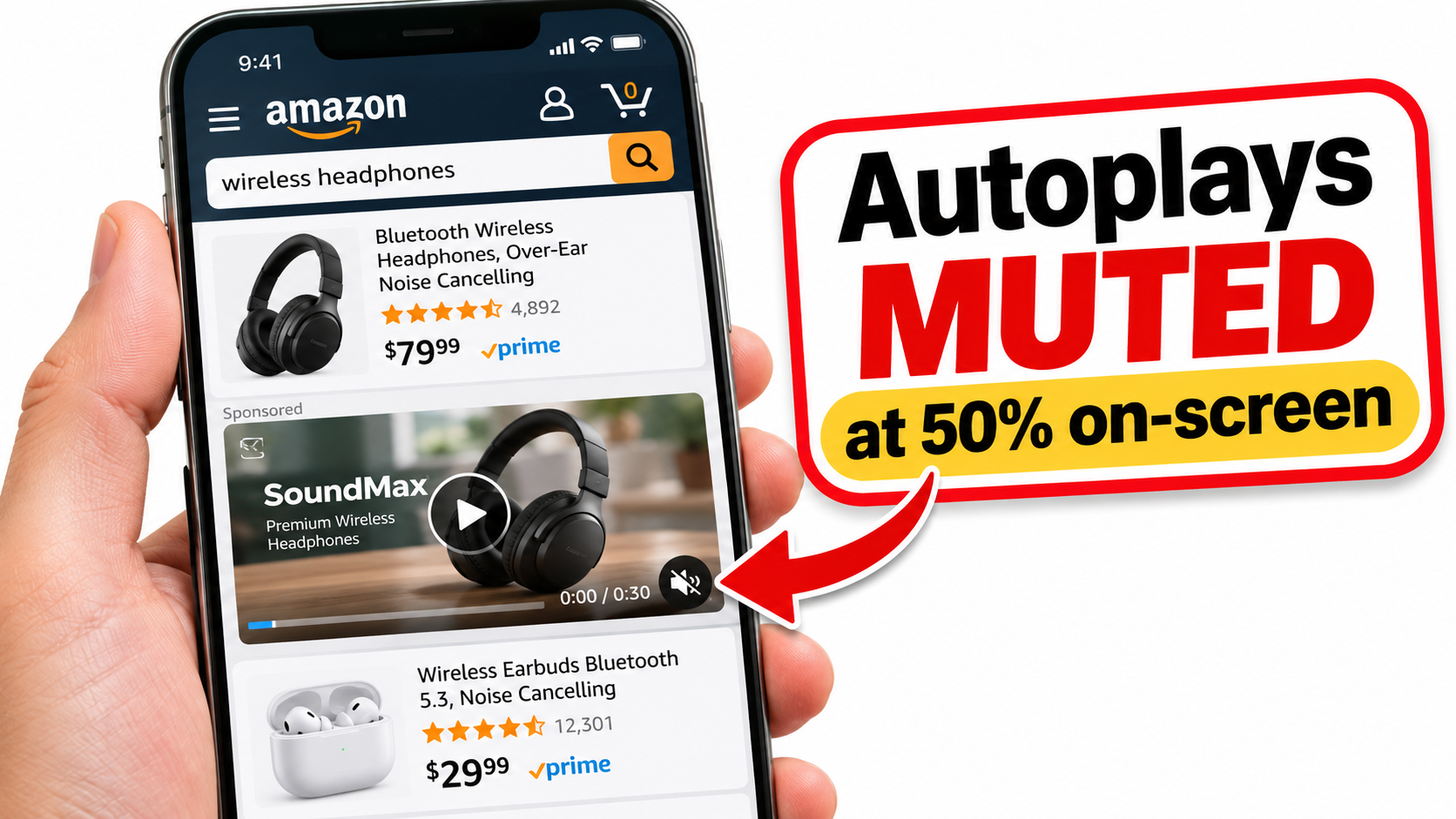 Smartphone showing an Amazon mobile search results page with a Sponsored Brands video autoplaying muted between product listings