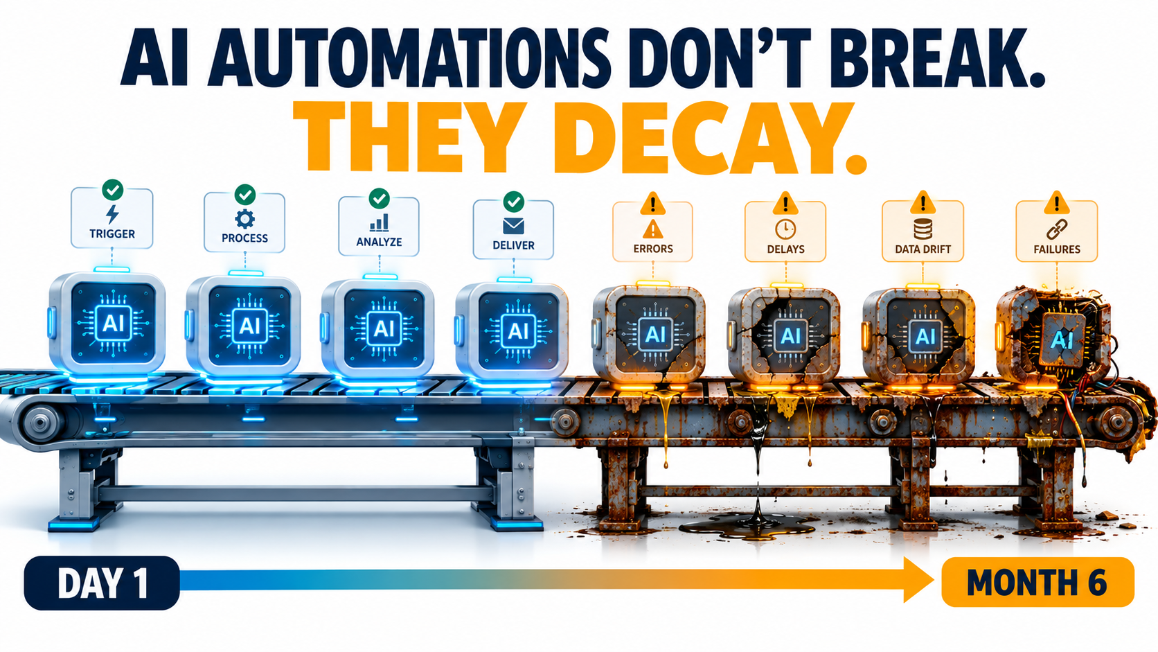 Illustration of an AI automation pipeline that looks pristine on Day 1 and rusted and leaking by Month 6, with the headline AI automations don